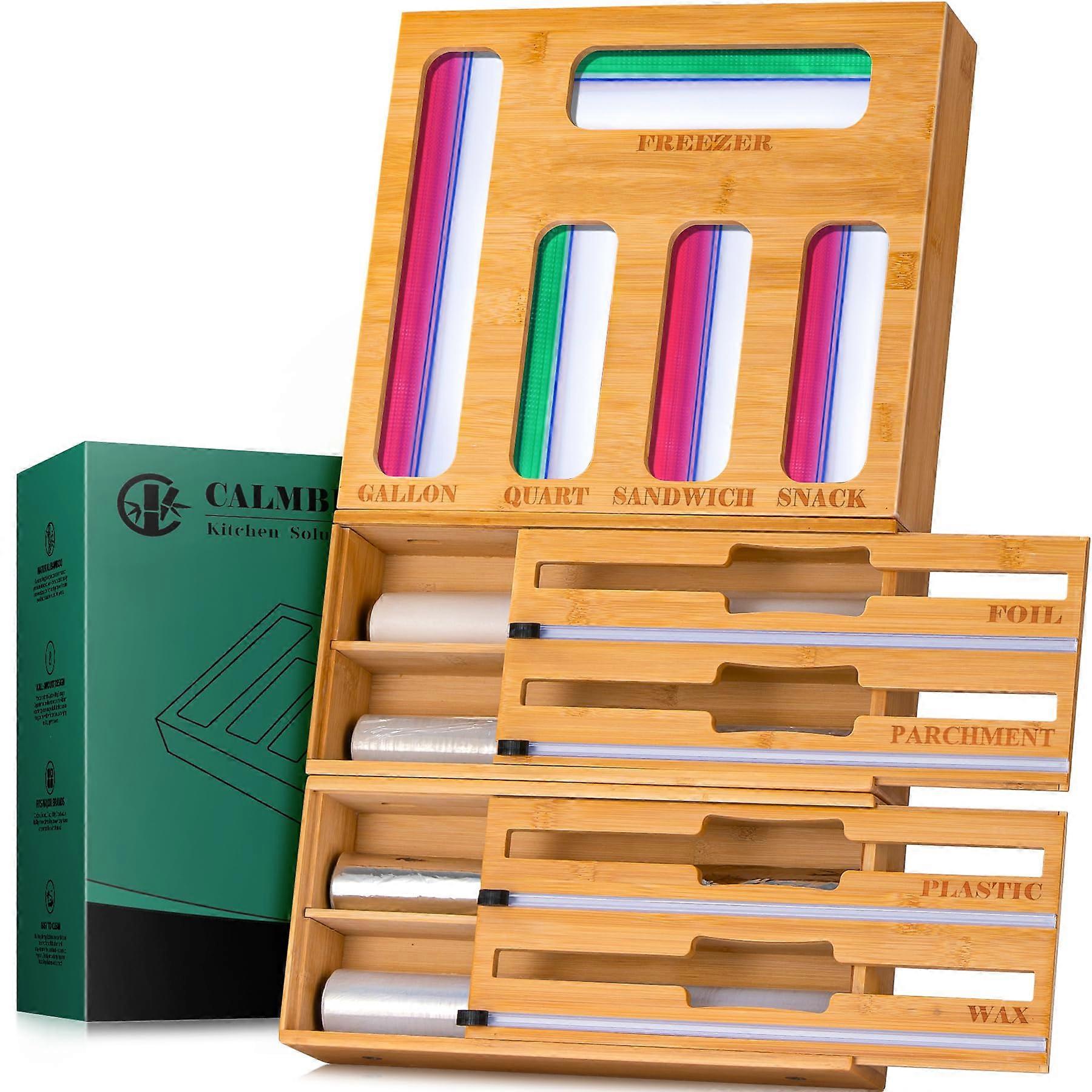 Large Storage Bag Organizer and Wrapper with Cutter for Kitchen Drawer Bamboo Set