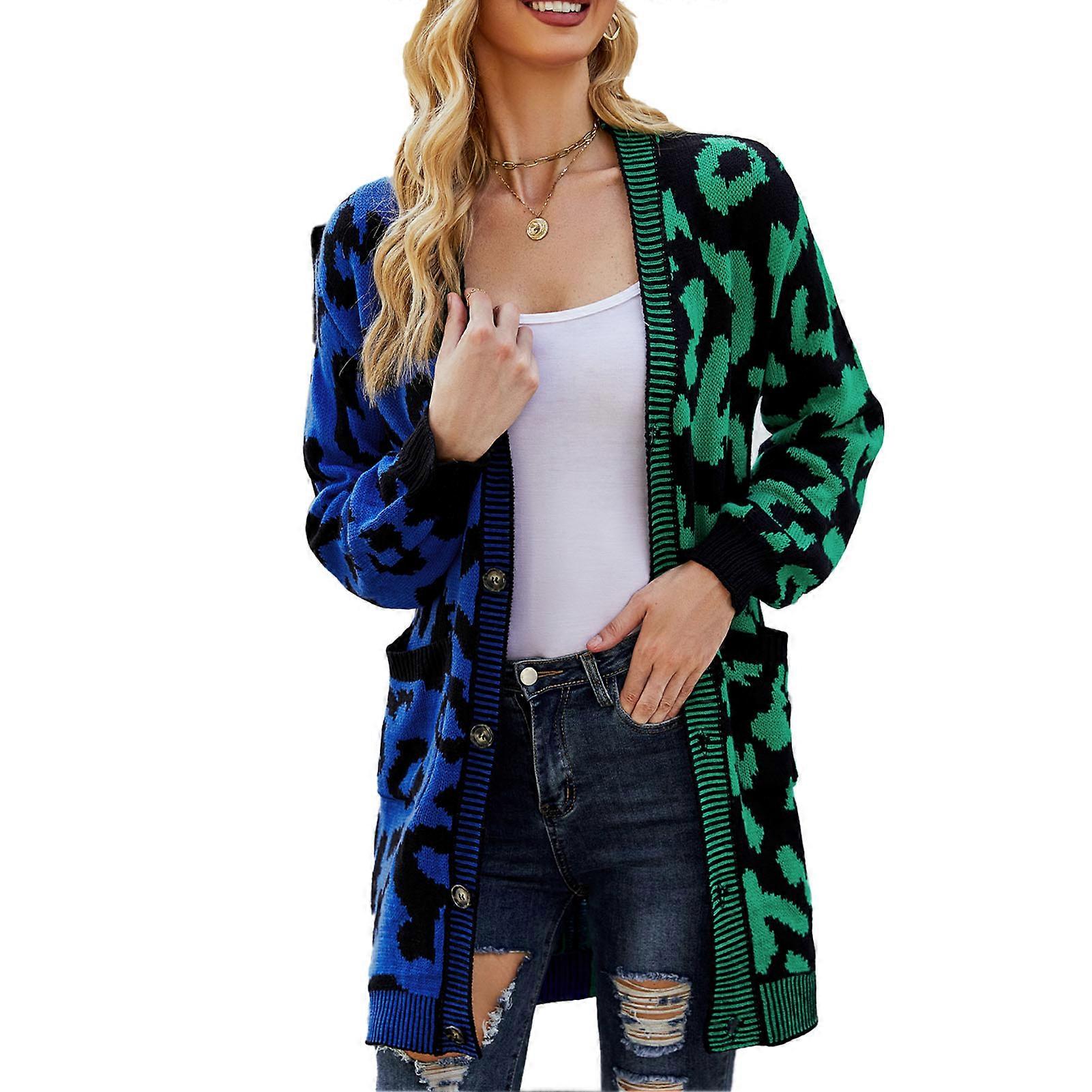 Leopard Print Long Open Coat Stitching Single Breasted Side Pockets Casual Fit Leopard Print Coat