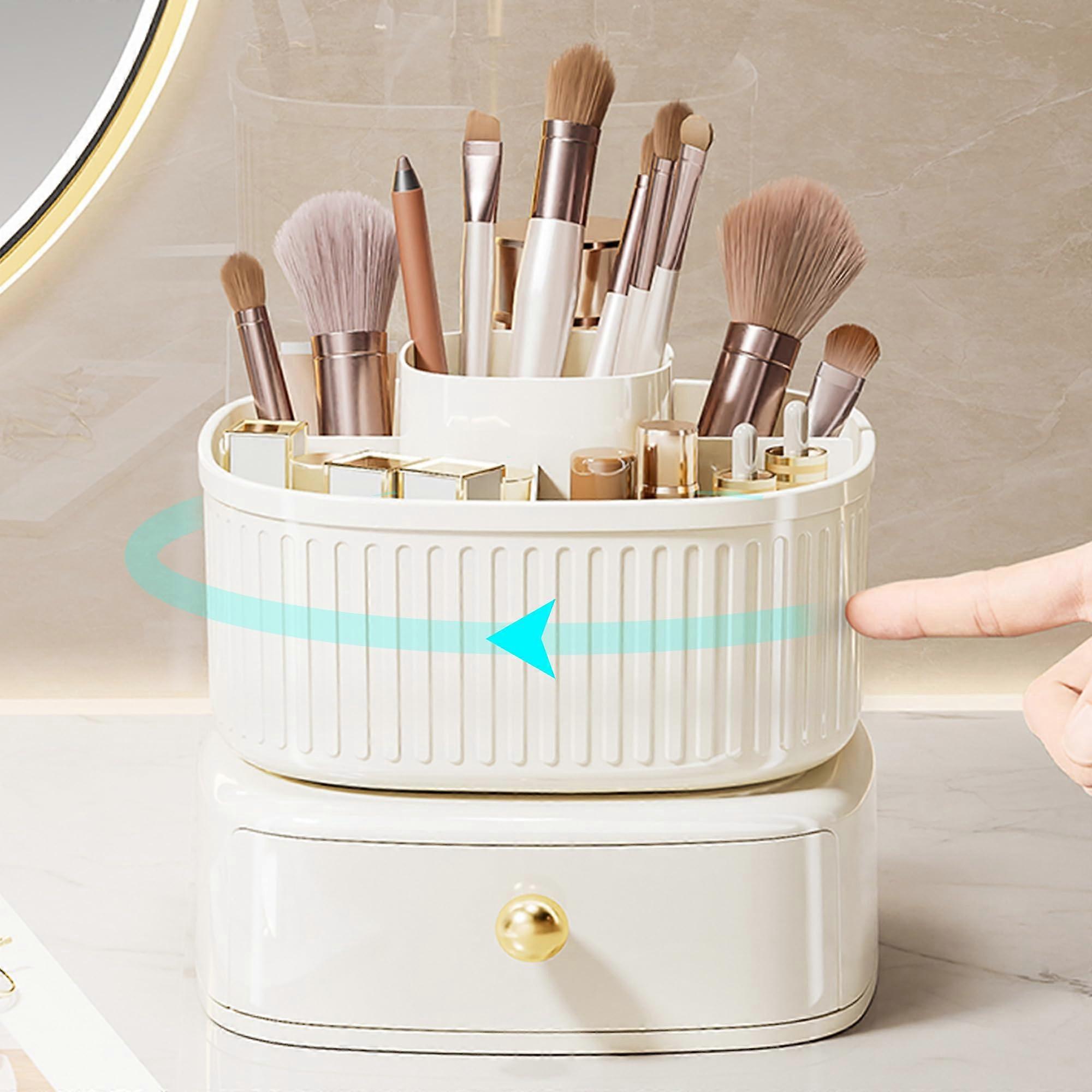 Rotating Makeup Brush Holder With Drawer 360 Degree Rotation Stackable Cosmetic Organizer For Lipstick Perfume Skincare