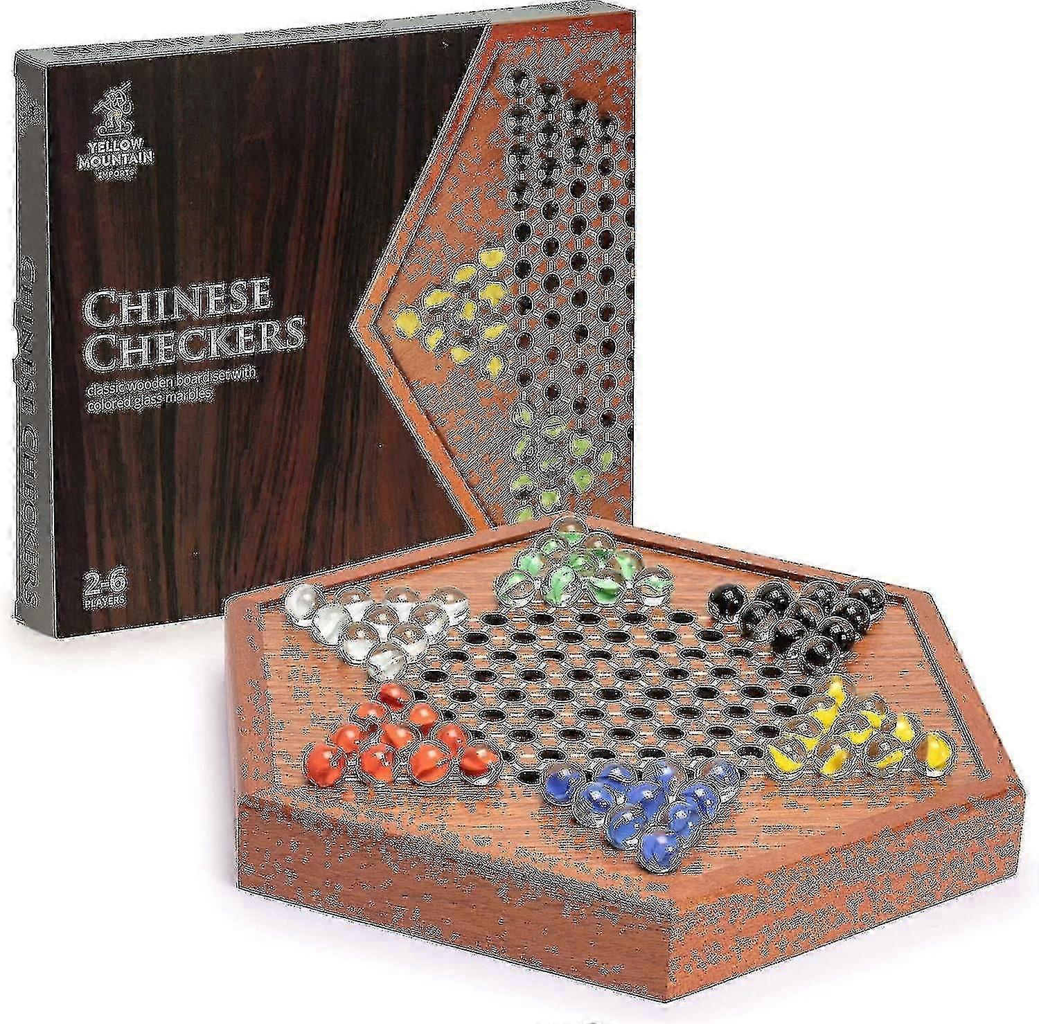Wooden Chinese Checkers Halma Board Game Set - 32.2 Centimeters - With Drawers And Colorful Glass Marbles