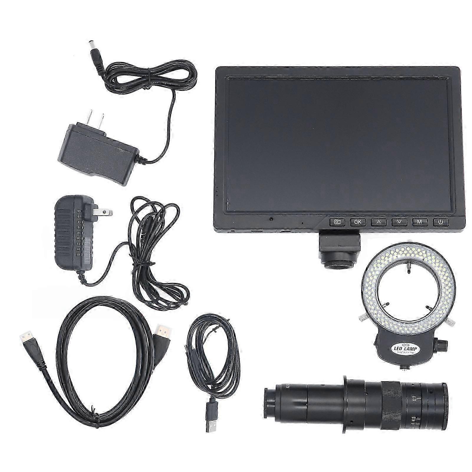 10.1Inch 16mp Microscope Camera Set 180x Lens Led Ring Light Source Clear Industrial Microscope  100240v