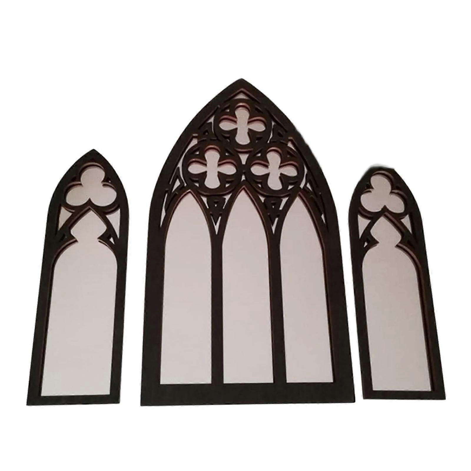 Classical Gothic Window Wall Mirrors Collection 3Pieces Set Wood Framed Arched Cathedral Hanging Mirror for Stylish Home