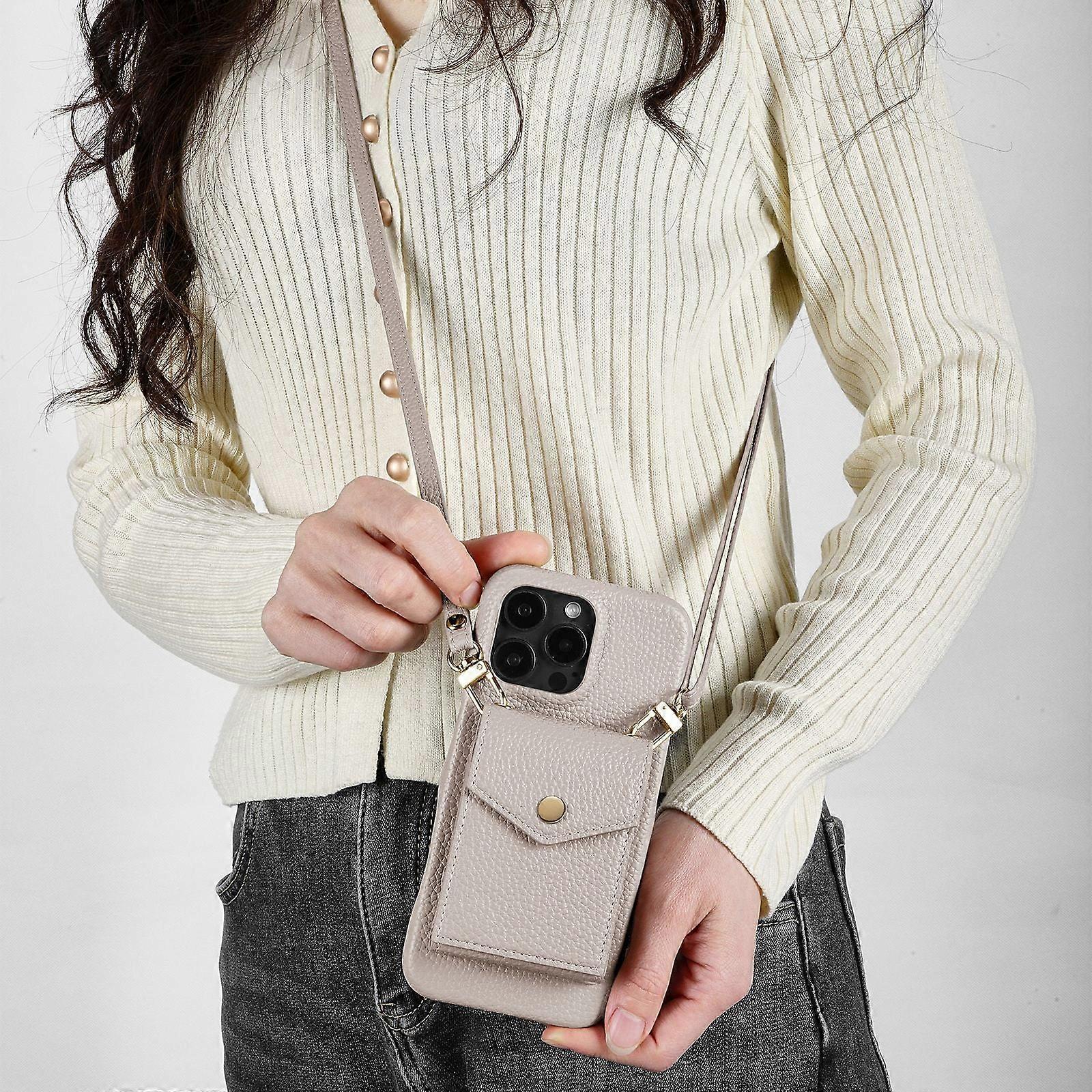 غطاء حماية لآيفون 14 برو ماكس رمادي مع حزام كتف جلد محفظة كروس بودي مضاد لل