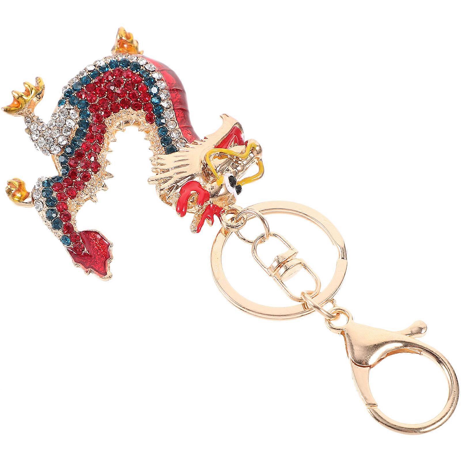 Cute Keychains Rhinestones Key Chain Dragon Style Key Ring For Bags Red 11.5cm Total Length 1Set