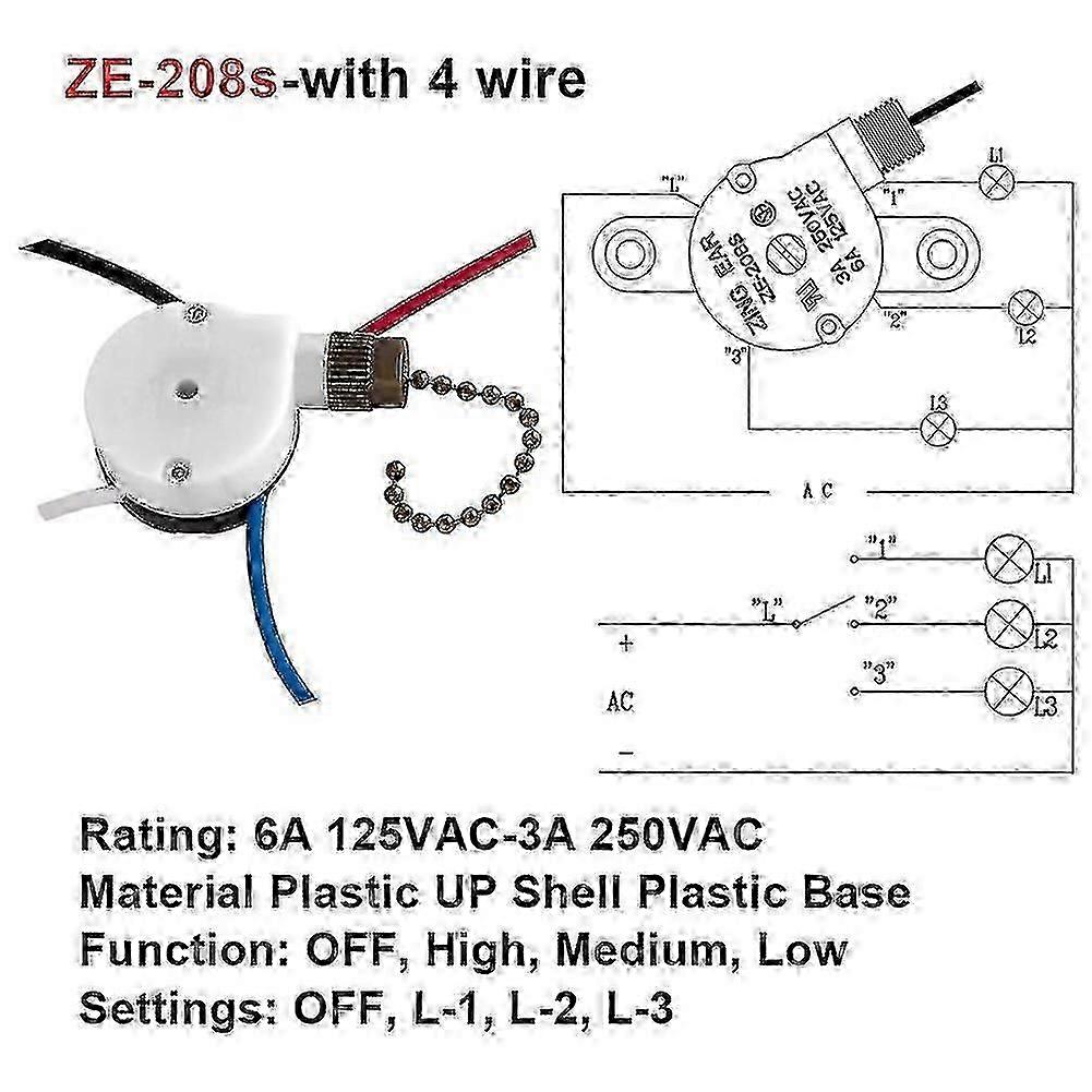 Ceiling Fan Switch Zing Ear Ze-208s E89885 3 Speed 4 Wire Chain C