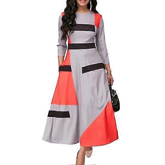 KOKKO Plus Size Mode Kvinnor Färgblock Randig 3/4 Ärm O-Neck Slim Maxi Klänning