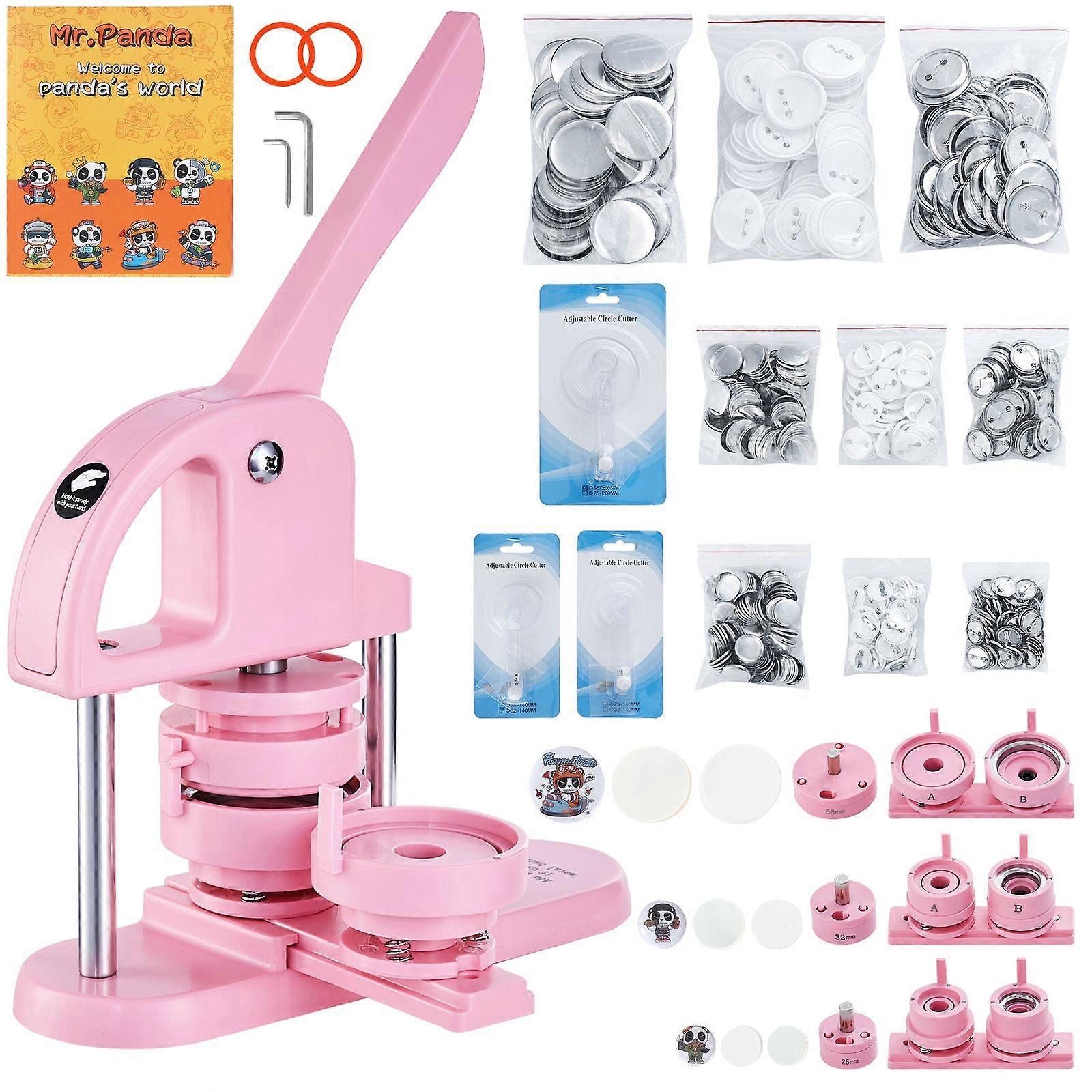 3-IN-1 Button Maker, 1/1,25/2,28 Zoll (25/32/58mm) Pin Maker, 300pcs Button Parts, Button Maker Maschine mit Panda Magic Book, Pink