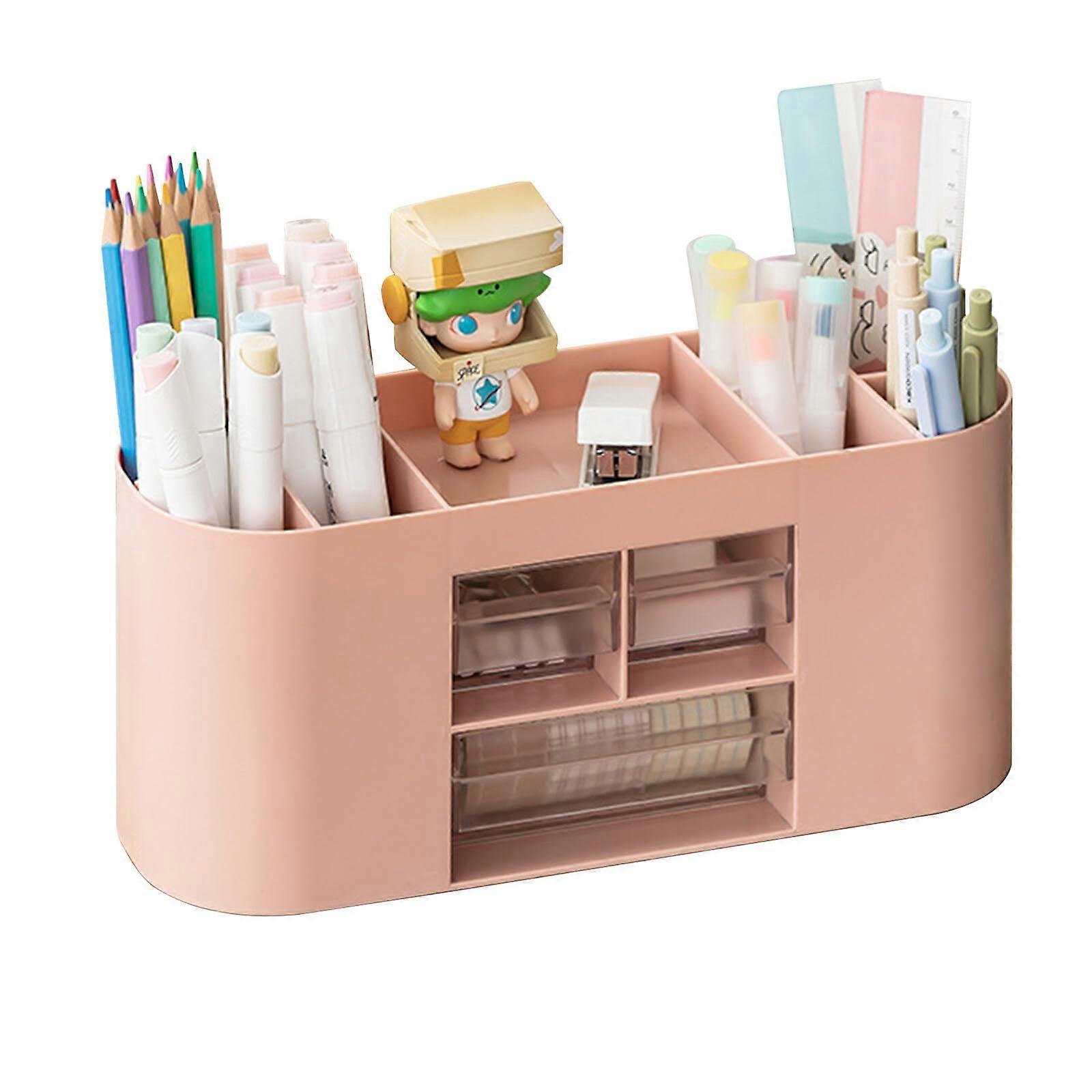 Pen Holder Storage Box with 10 Compartments, Large Capacity Double Layer Organizer, Transparent Drawer for Pencils and Stationery (Pink)