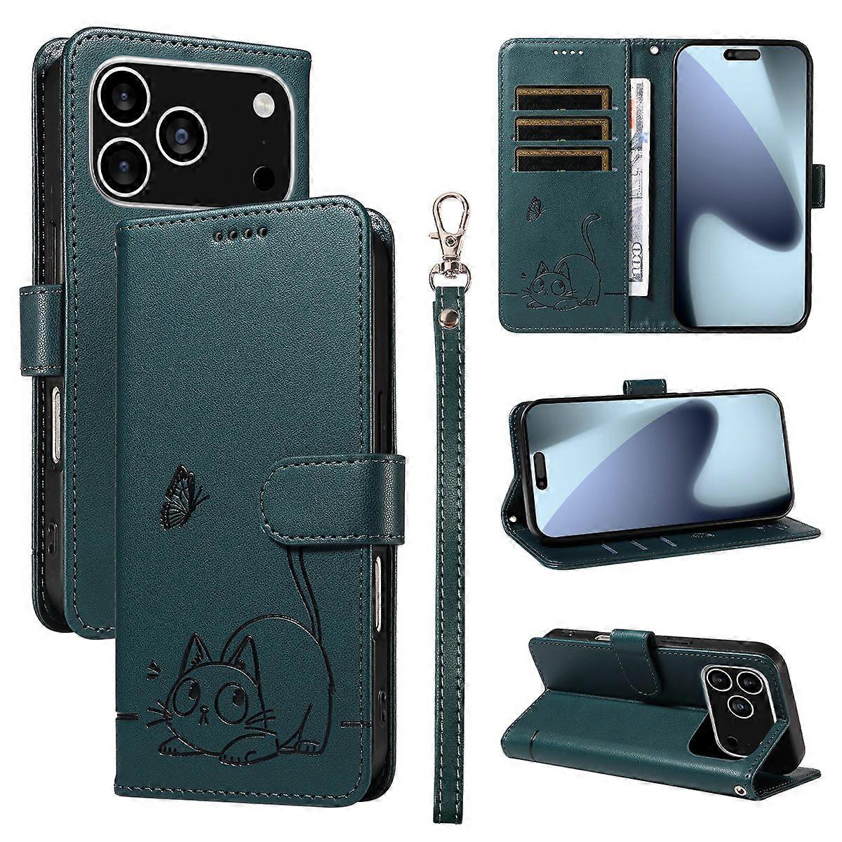 For iPhone 17 Pro Case Cat Pattern Imprint Leather Phone Cover with Wrist Strap