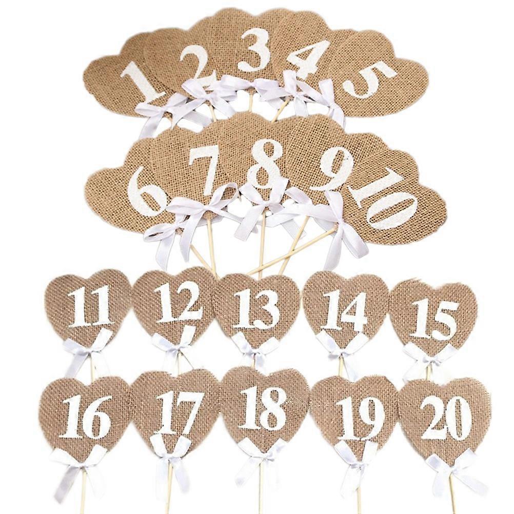 20pcs Heart Shaped Burlap Wedding Table Number Cards for Reception Seating Signs DIY Crafts Number 1 to 20 8 5x9cm