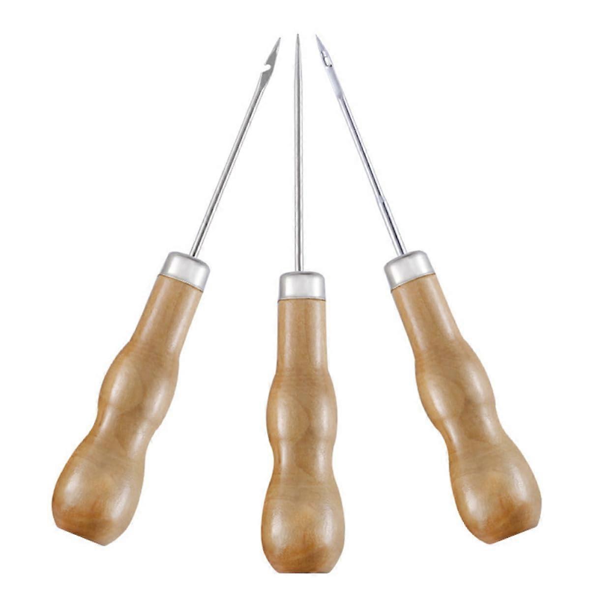 3Piece Wooden Handle Stitching Awl for Leather Punching and Repairing DIY