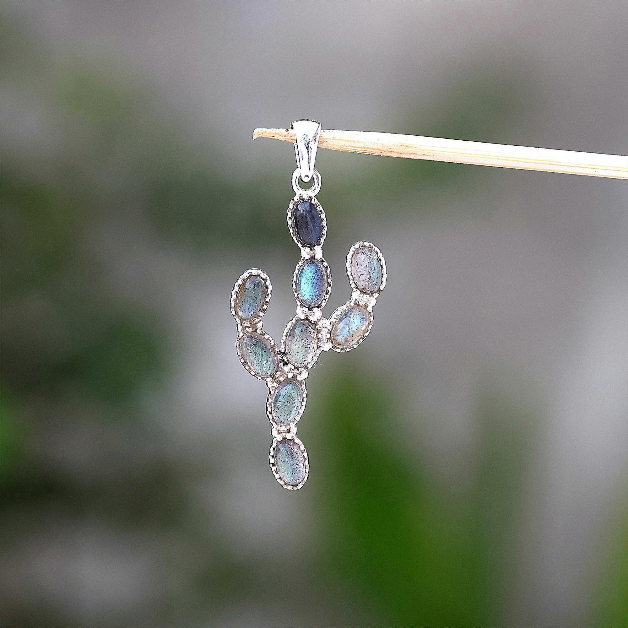 Labradorite Gemstone Cactus Pendant Solid 925 Sterling Silver Handmade Jewelry