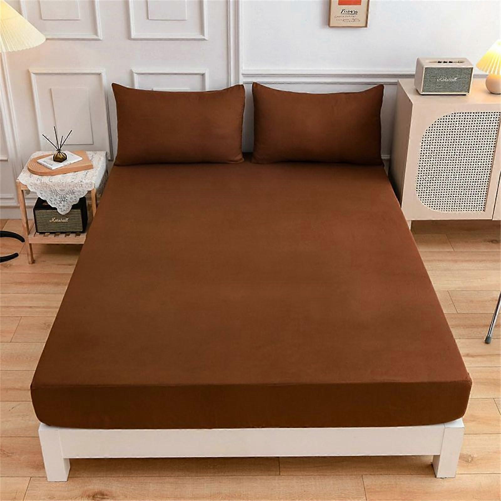 King Size Fitted Sheet, Soft Microfiber, 27 cm Deep, Solid Brown Color, Compatible with King-Size Double Bed