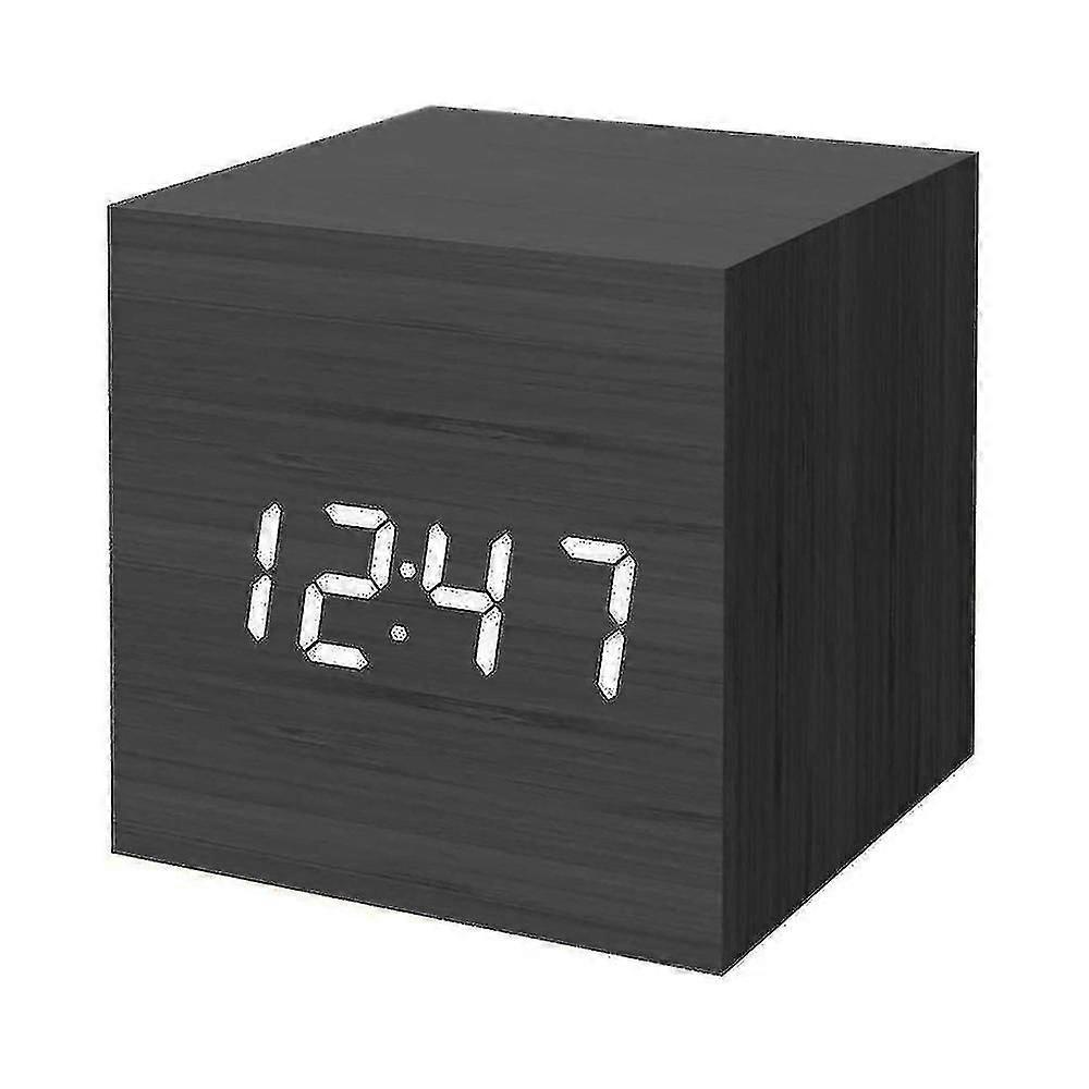 Digital Wood LED Alarm Clock, Mini Modern Cube Desk Clock