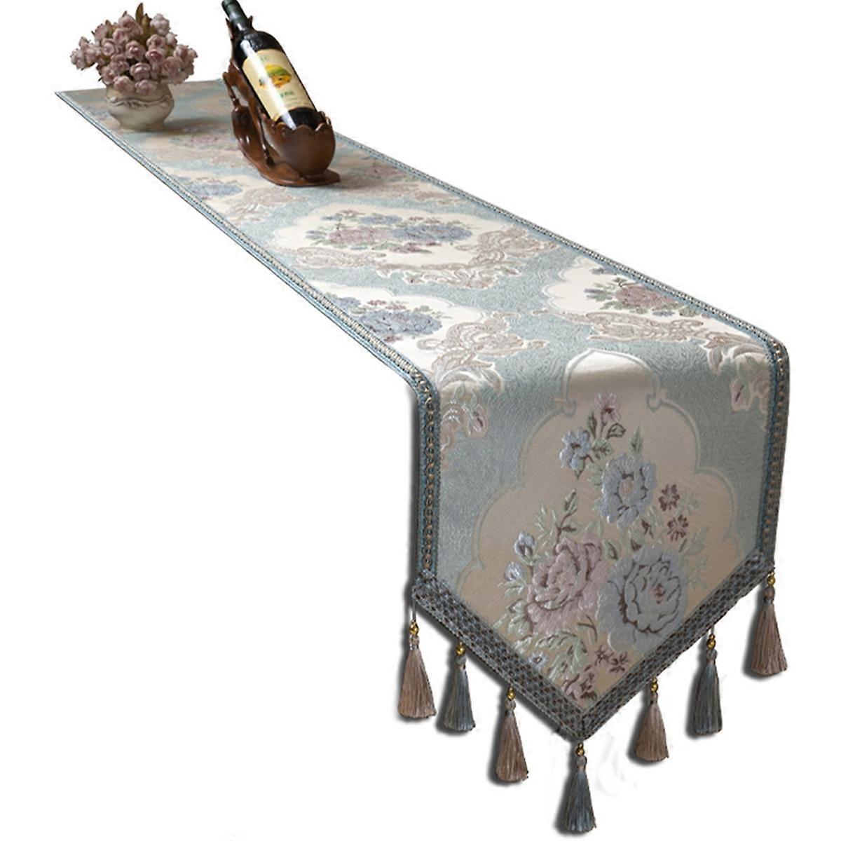 Vintage Jacquard Embroidery Table Runner 110 Inches Long Double Layer Design European Vintage Style Decorations Light Blue