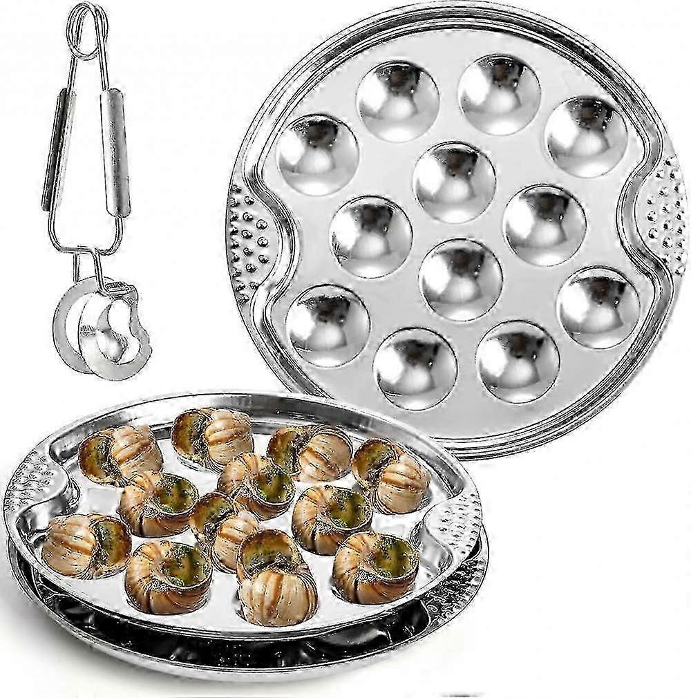 Stainless Steel Escargot Plates with 12 Holes - Includes Escargot Tong for Serving Snails at Home