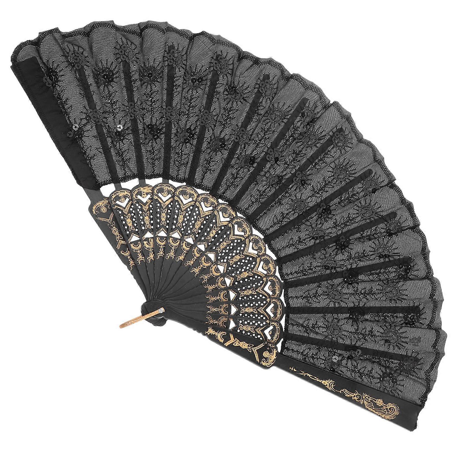 Folding Fan Black Rod with Sequins for Decorative Dance Use 1 Piece