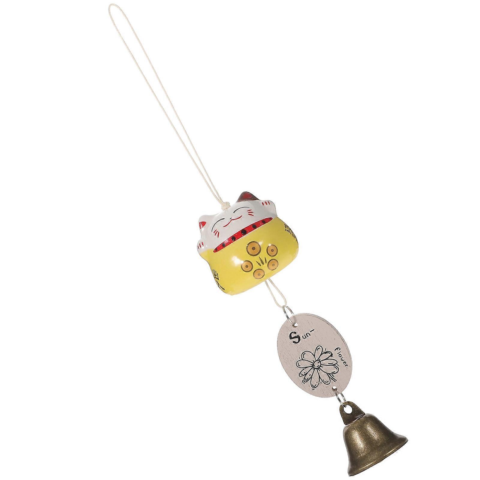 Yellow Hanging Wind Bell Ceramic Cat Wind Chime Decorative 3Pcs Pack