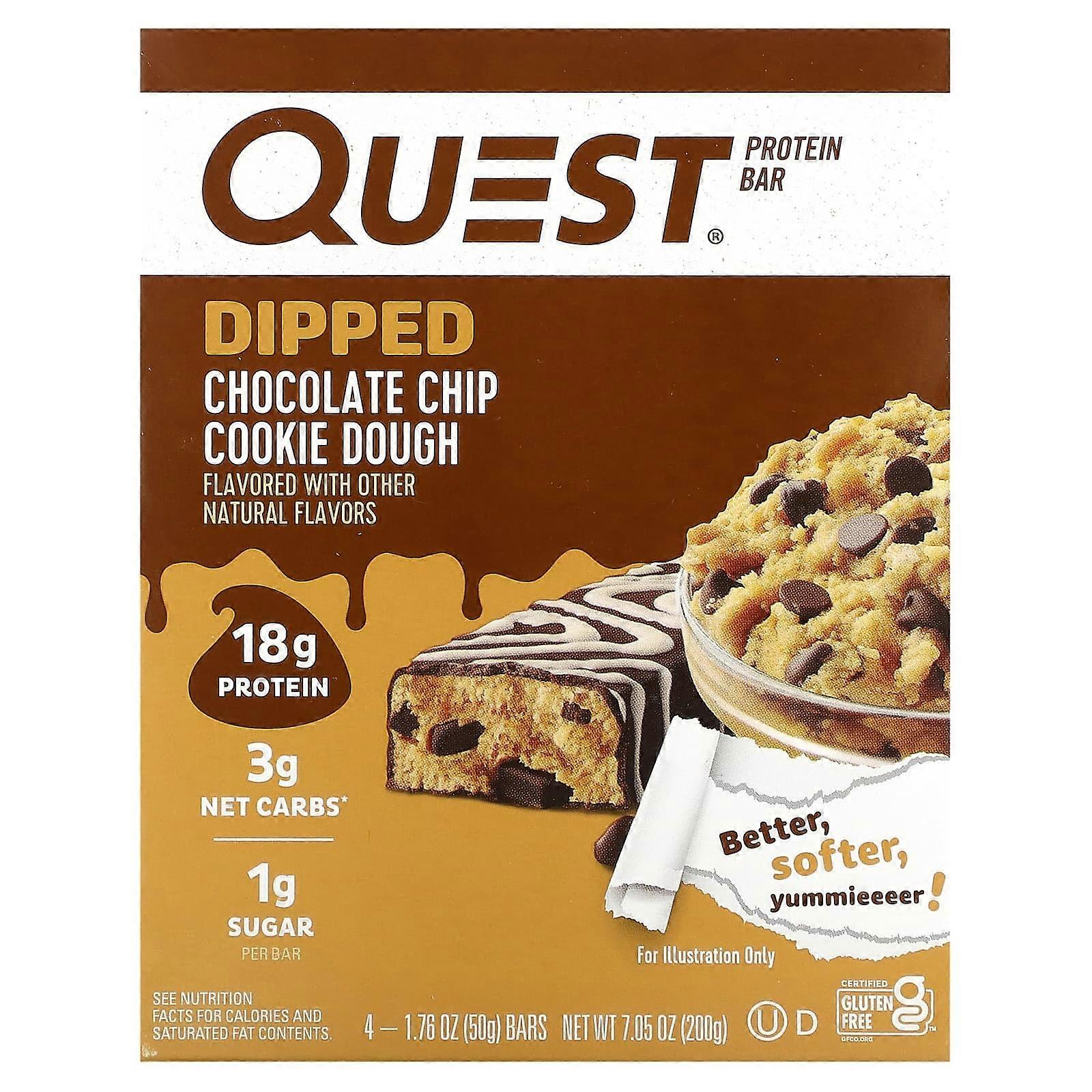 Protein Bar, Dipped, Chocolate Chip Cookie Dough, 4 Bars, 1.76 oz (50 g) Each