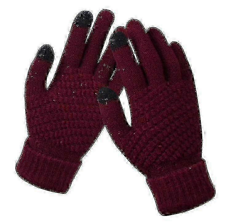 Women's Winter Touch Screen Fleece Lined Gloves with Elastic Cuff - Warm Knit Texting Gloves in Wine Red