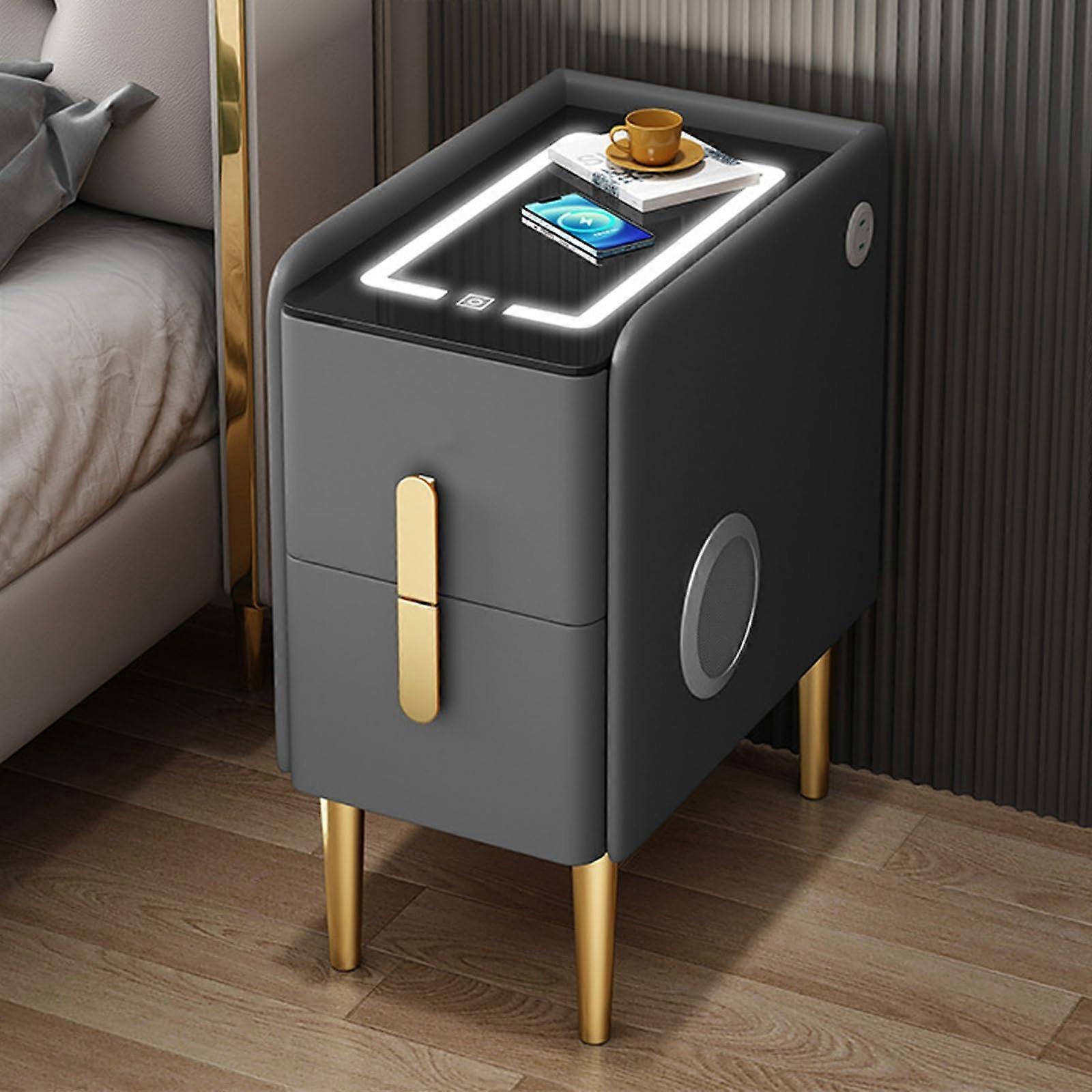 Smart Nightstand with Wireless Charging, LED Lights, USB Port, Speaker, Fingerprint Lock, 2 Drawers for Bedroom (GrayB, 35x40x45cm)