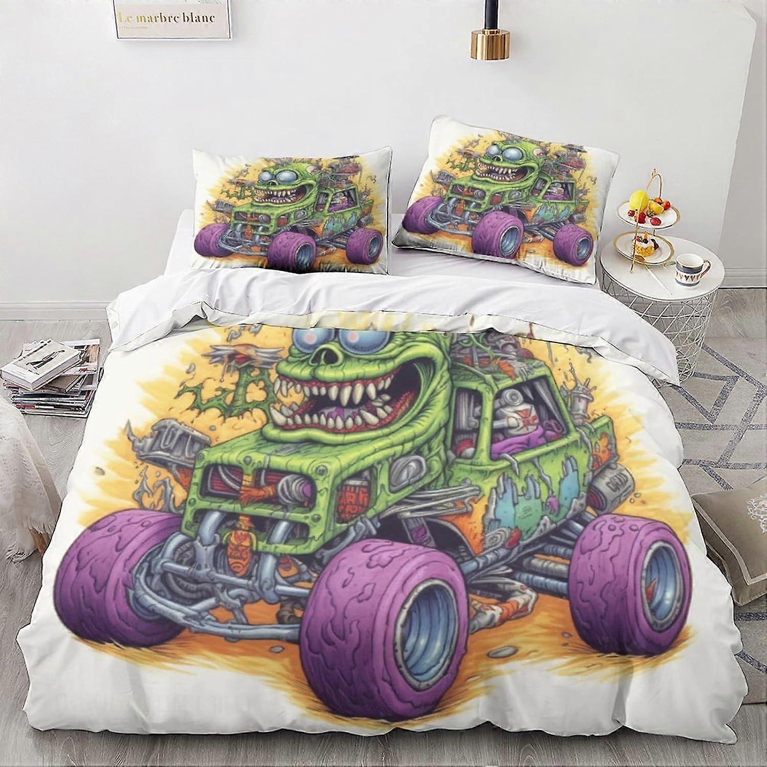 LikeEj 3D impresso monstros jogo de cama para adolescentes vintage carro padrão edredom capa com fronhas desenhos animados capa de microfibra com zíper closu