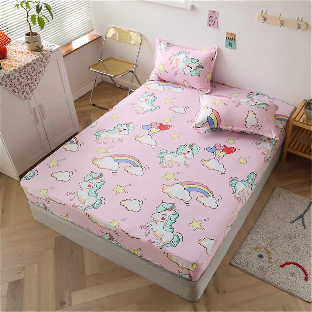 Fitted Bed Sheet Set Microfiber Extra Deep Pocket Wrinkle Resistant with 2 Pillowcases Rainbow Unicorn 90x200x30cm