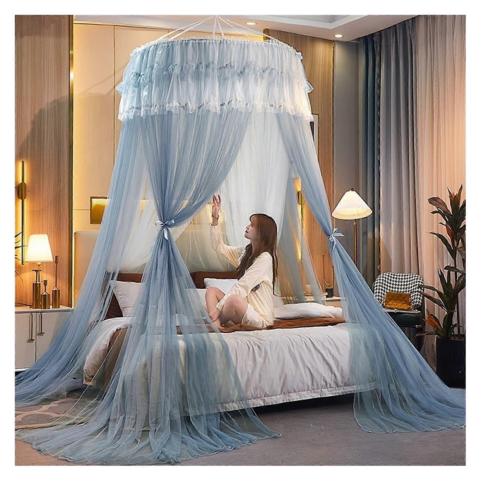 Mosquito Net Bed Canopy Lace Mesh Dome with Door Blue Grey for Double Bed 1.8m x 2.0m