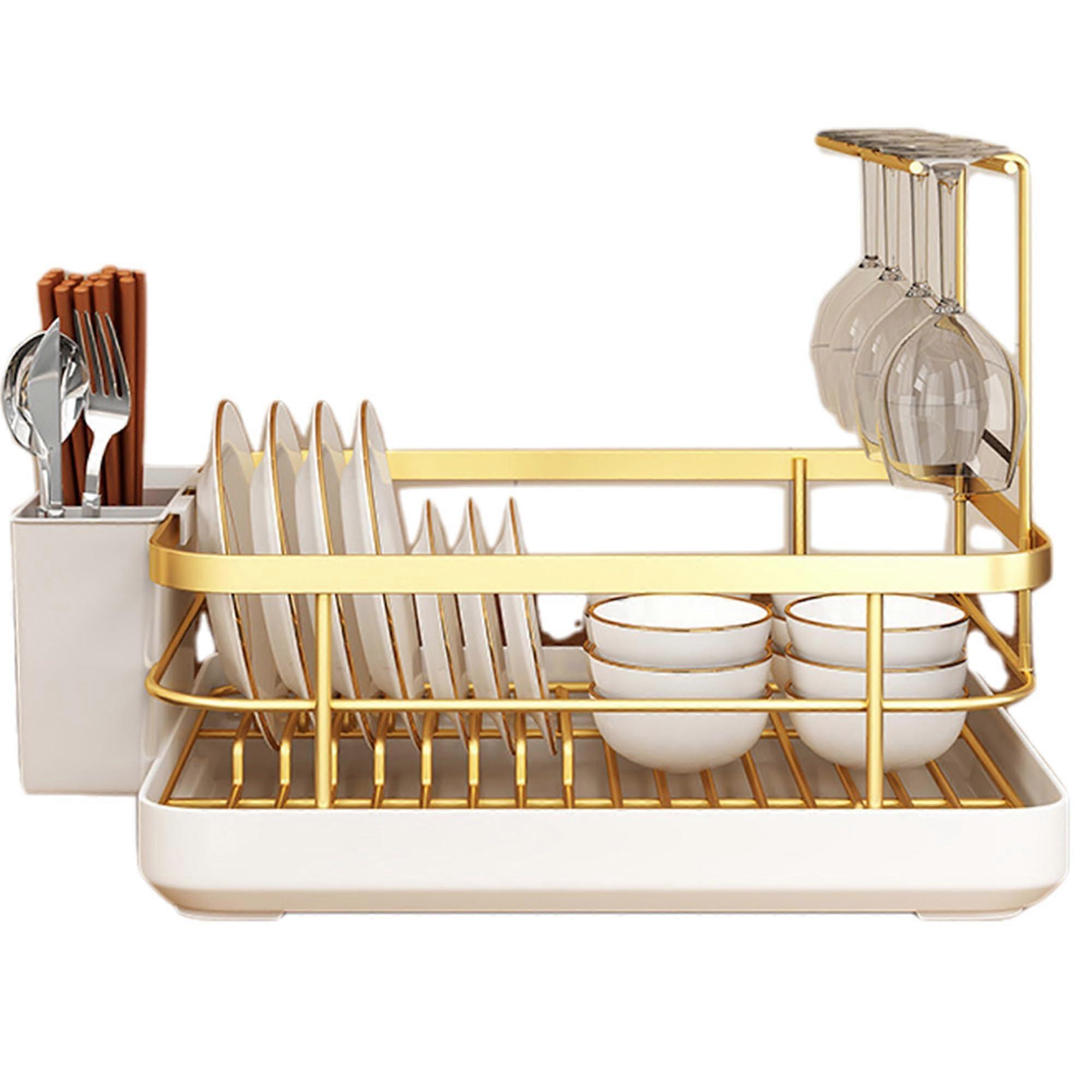 Dish Drying Rack with Drainboard, 2 Tier RustResistant Dish Rack with Utensil and Wine Glass Holder, Gold