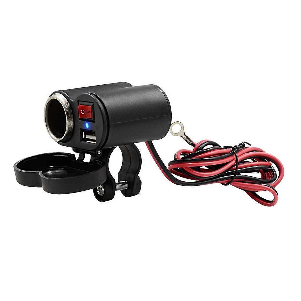 12V Motorcycle Dual USB Charger with Switch and Waterproof Cigarette Lighter Socket Clamp