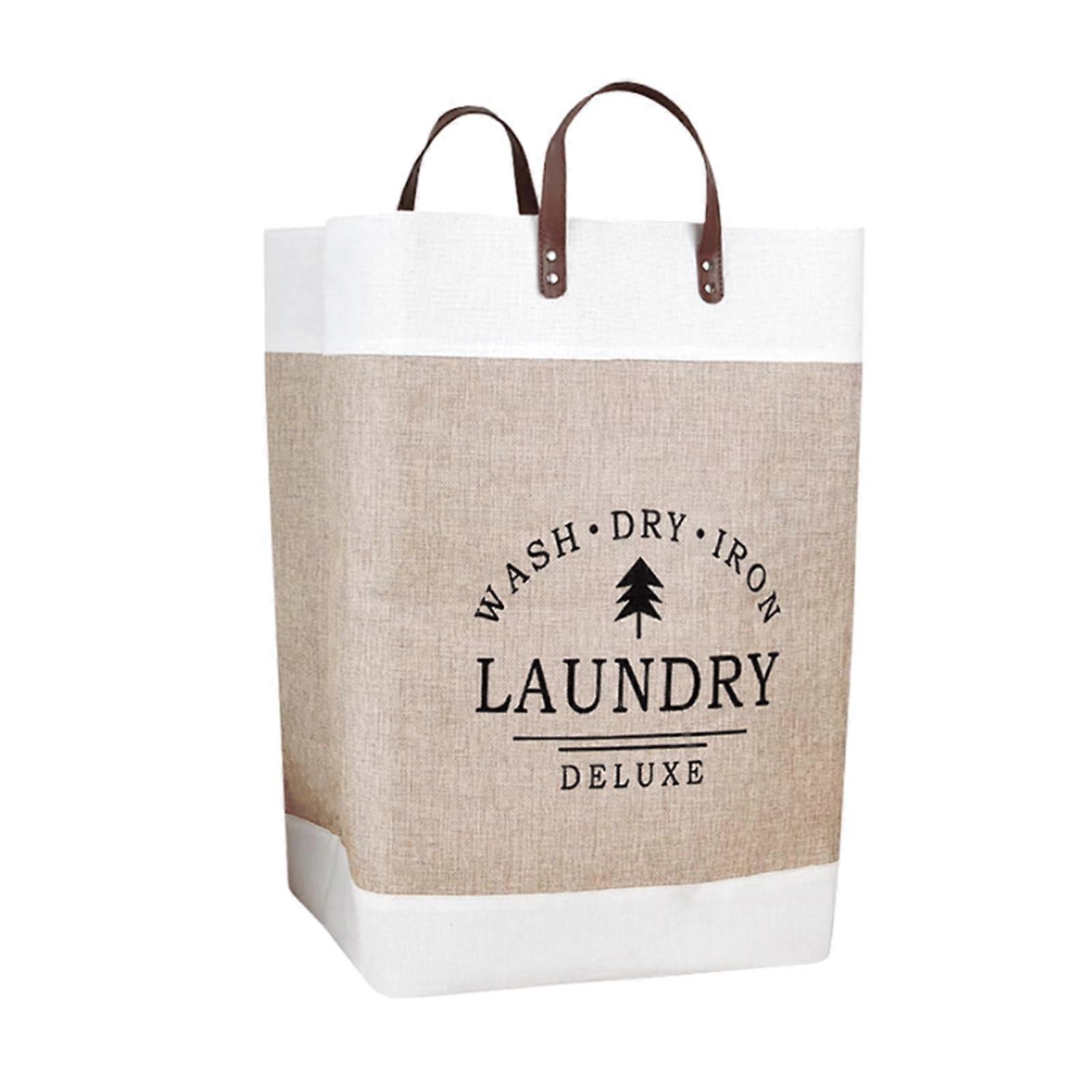 Collapsible Laundry Basket with Leather Handles Foldable Cotton Linen Clothes Hamper for Storage