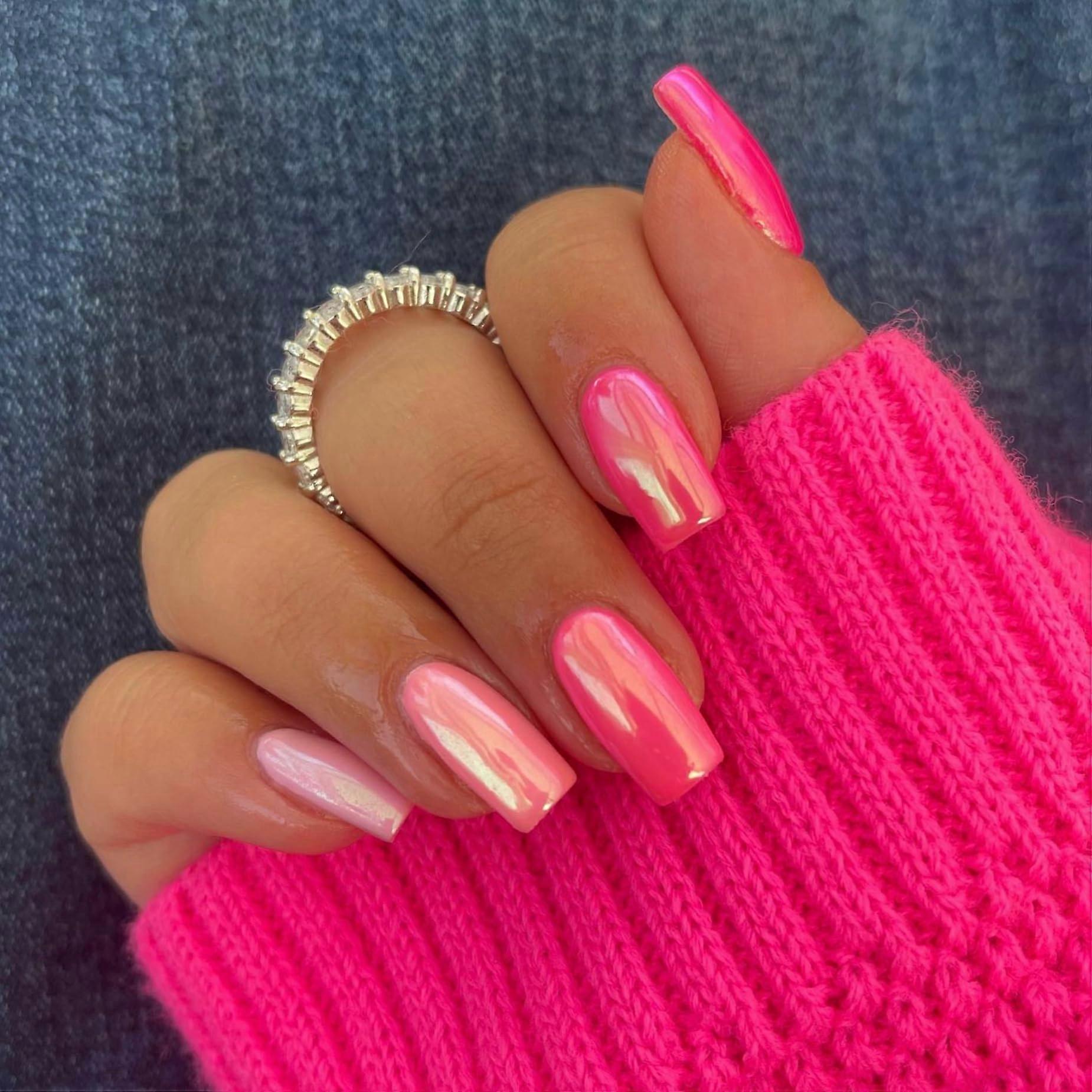 Pink Orange Chrome Press On Nails Short Medium Square Mirror Metallic Acrylic False Nails Set