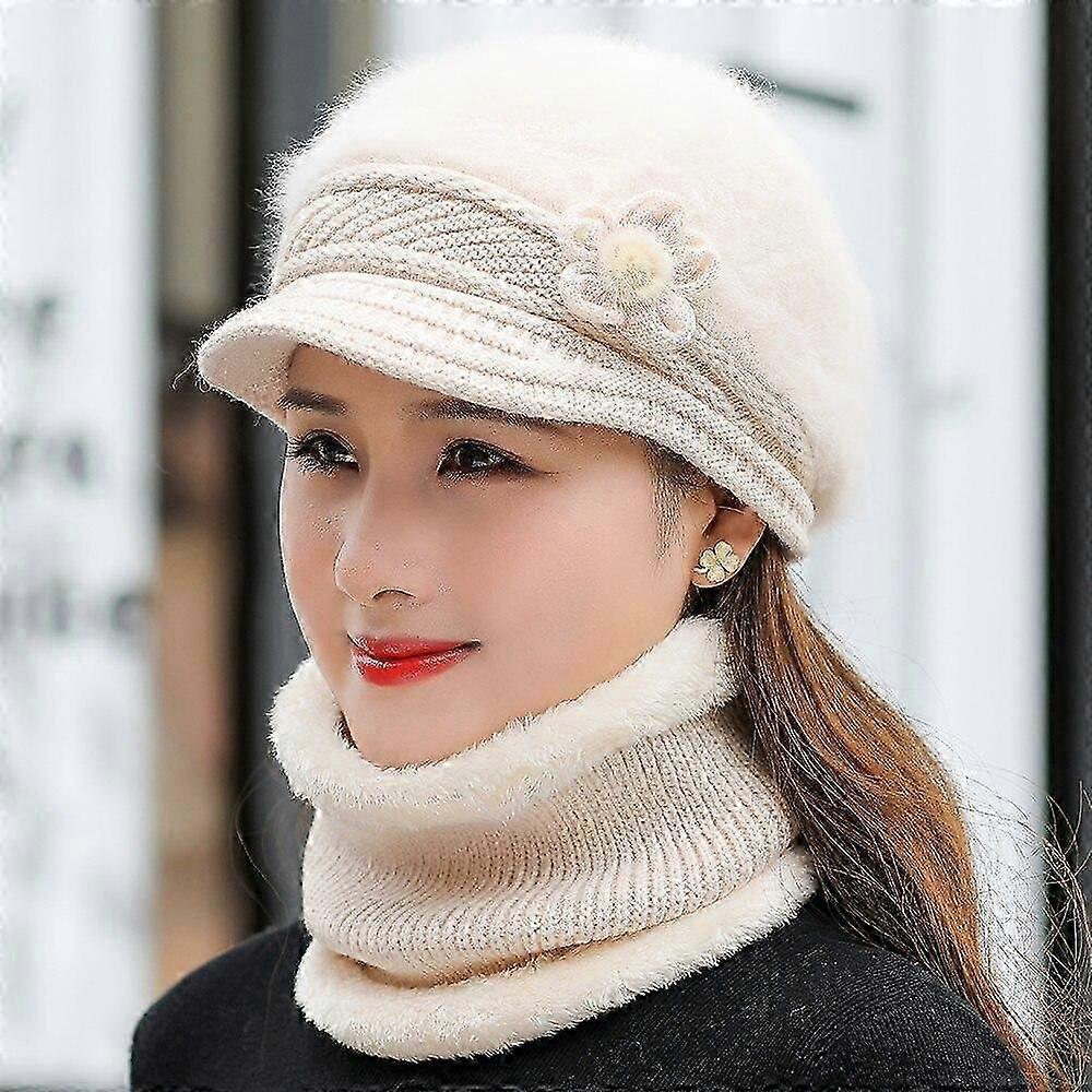 Warm Knit Hat & Scarf Set with Rabbit Fur