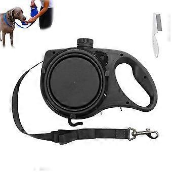 Retractable dog leash with built-in water bottle, foldable bowl, and non-slip handle; suitable for small, medium, and large dogs - Black