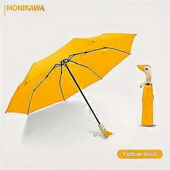 Duck Shaped Folding Umbrella, Small Three Fold 8 Rib Design with Wooden Handle, Cute Christmas Gift for Kids and Family