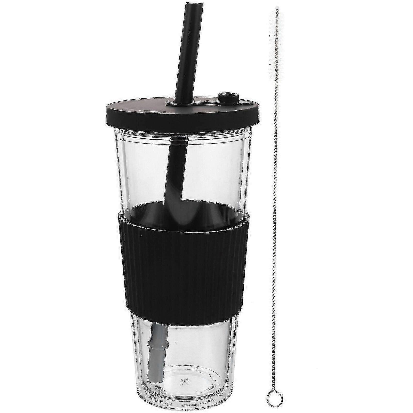 Double Layer Reusable Plastic Cold Beverage Cup with Straw for Milk Tea