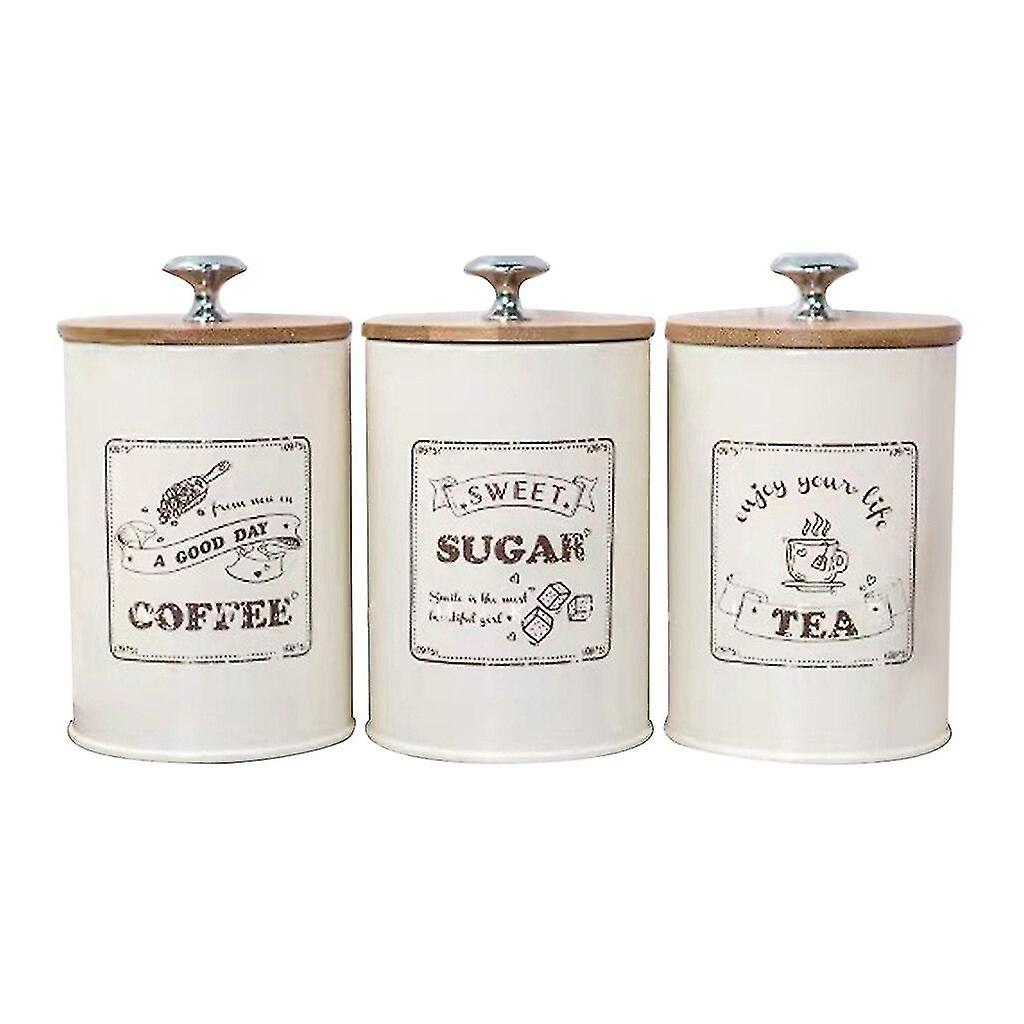 Gift Boxes Tins 3pcs Kitchen Storage Canisters Set With Lids For Tea Coffee Sugar Jar Pot Metal Container Beige