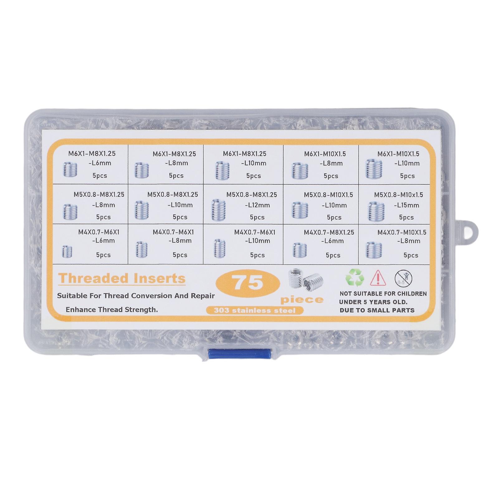 75Pcs Stainless Steel Threaded Inserts Nuts Assortment Tool Kit for Thread Repair 