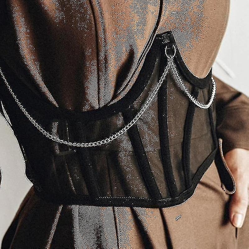 Corset Punk Metal Chain Black High Waist Harajuku Retro Mesh See-through Waist Shapewear Women's