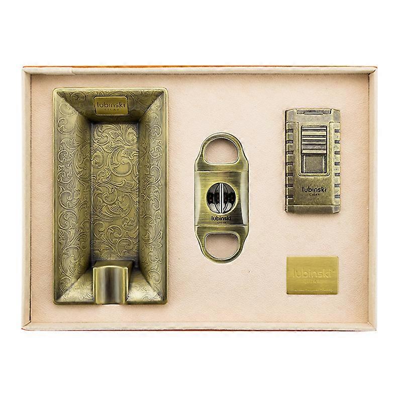 Lubinski Cigar Tools Suit V-Shaped Scissors Alloy Ashtray Three Direct Punch Lighter Retro Gift Box Three-Piece Set