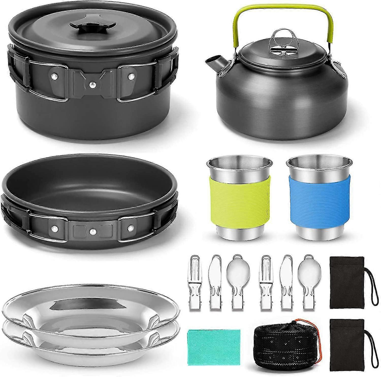 15pcs Camping Cookware Mess Kit, Non-stick Lightweight Pot Pan Kettle Set With Stainless Steel Cups Plates Forks Knives Spoons For Camping,backpacking