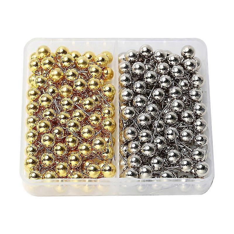200pcs 6mm Round Ball Shape Positioning Pin Clothing Map Nail Diy Push Map Tacks For Whiteboard Fabric Making (Gold And Silver Two Boxes 100pcs For A