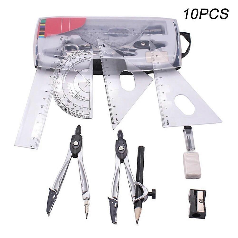 10pcs Compasses Set Stationery Ruler Math Geometry For Students Eraser School Protractor Drawing Set Squares