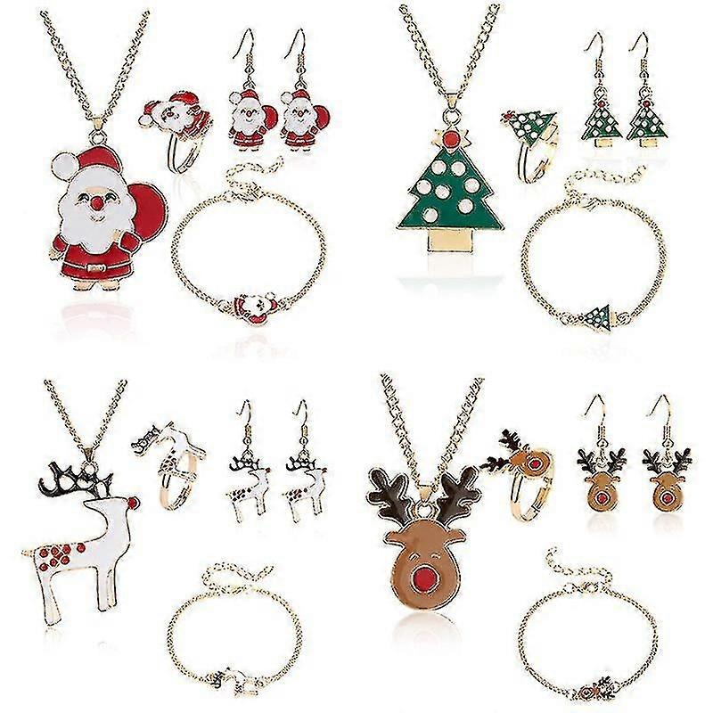 5pcs/set عيد الميلاد المرأة سبائك المجوهرات مجموعة سانتا إلك بيل الأقراط قلادة سوار ديكور عيد الميلاد الملحقات هدية للفتاة النساء