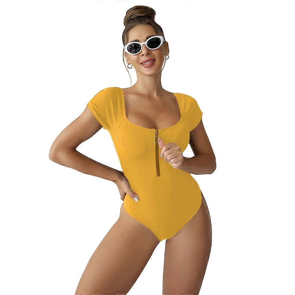 Maillot de bain une pièce à manches courtes et col carré pour femme, effet gainant