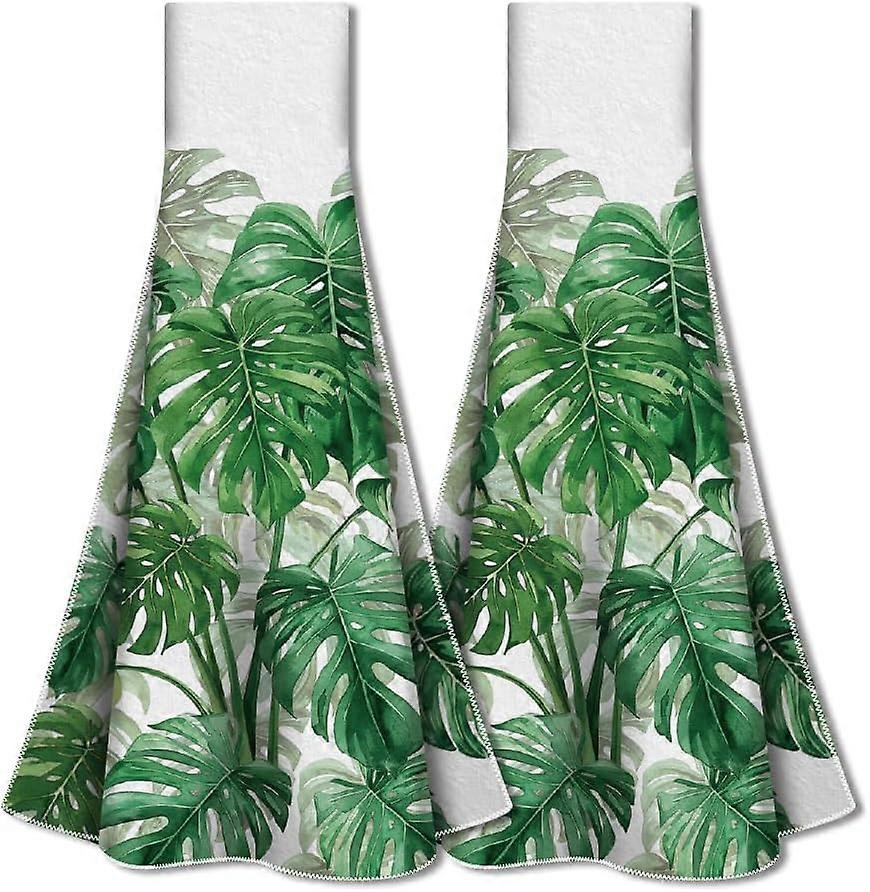 2Pcs Monstera Leaves Kitchen Hanging Towels Green Leaves Hanging Towels with Loop Hook for Kitchen Set Leaves Design Absorbent Towel for Washroom Home