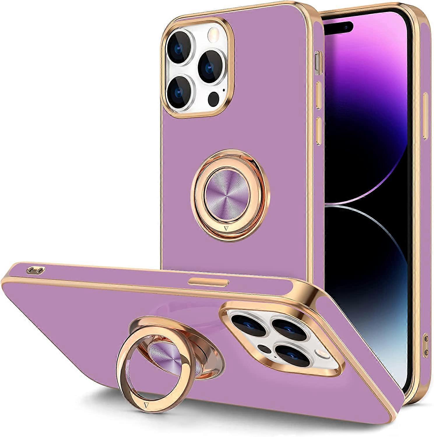 Case for iPhone 14 Pro Max Case with Ring Stand [360 Rotatable Ring Holder Magnetic Kickstand] [Support Car Mount] Plated Gold Edge Slim Soft TPU Luxu