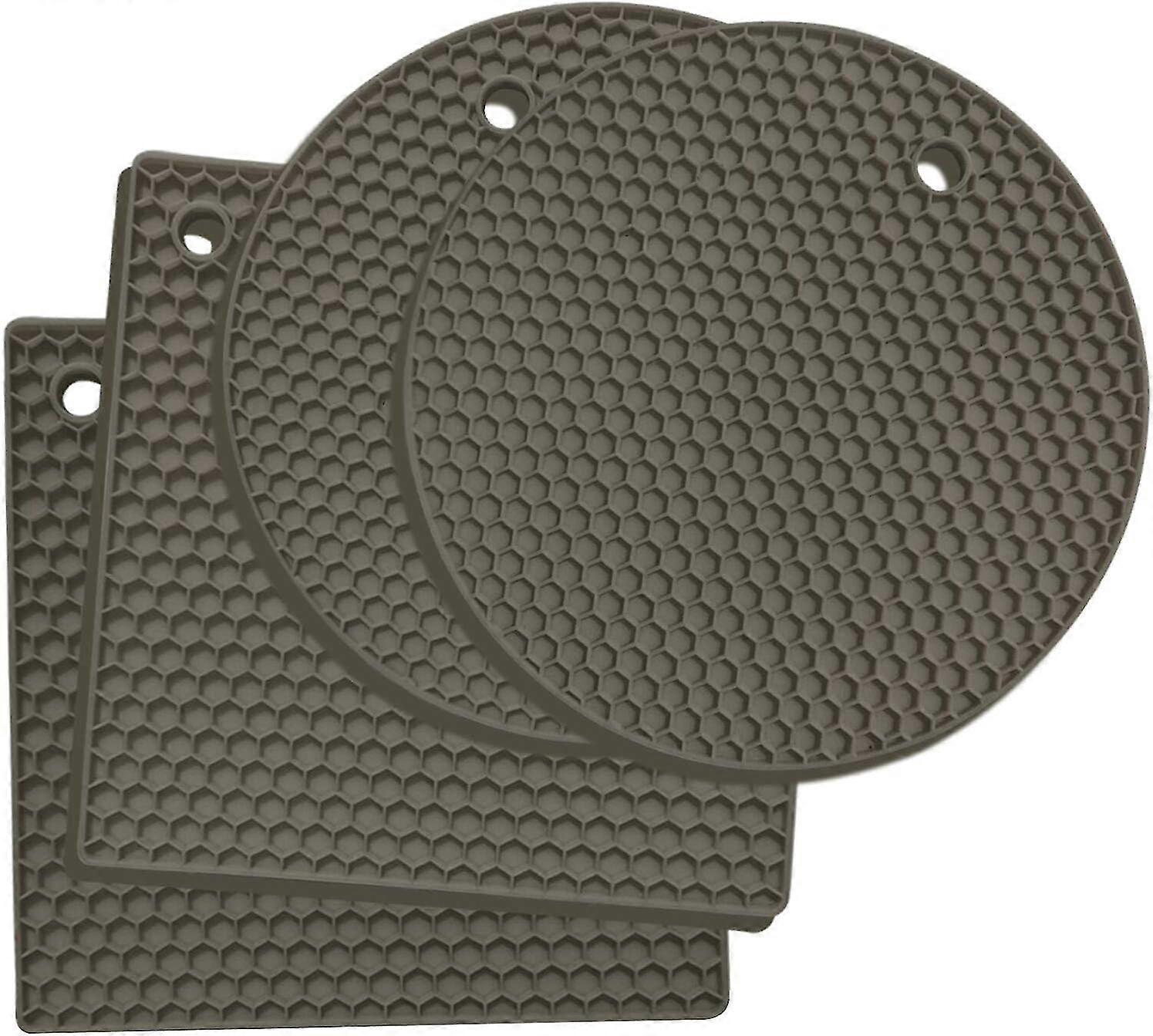 Set Of 4 Round And Square Silicone Trivets, Silicone Trivet Mat, Heating Pad - Can Opener, Tongs, Garlic Peeler, Drying Mat, Coaster (grey)-QJWL