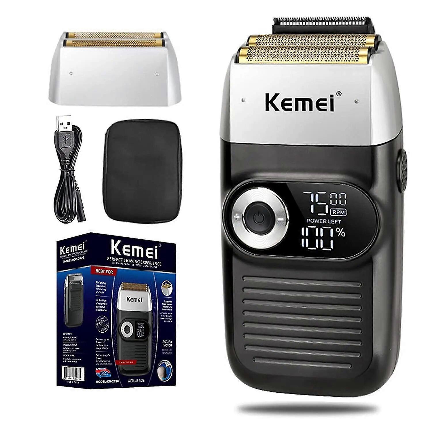Kemei KM-2026 Electric Razor Barber for Men Rechargeable with Beard Trimmer LCD Display Lithium Titanium Razor with Travel Case