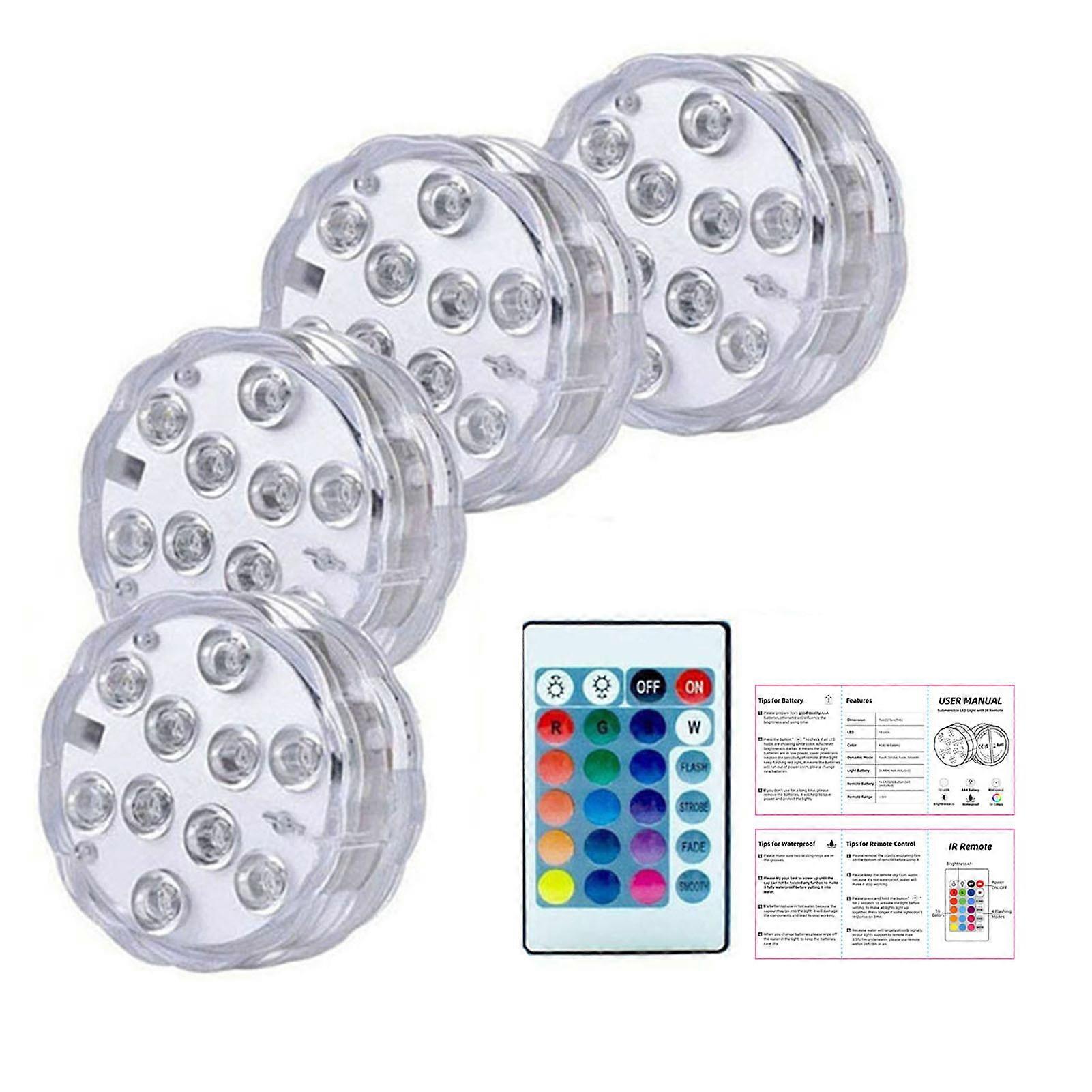 4Pcs Pool Diving Lights with Remote Control Waterproof 10 LEDs Colorful Light Multifunctional Illumination Battery Operated Underwater Submersible Aqu